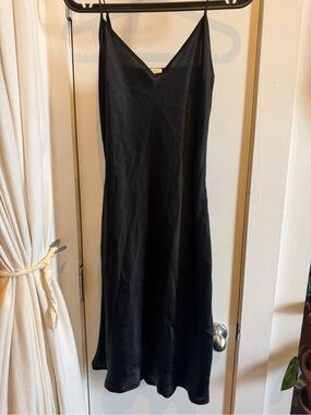 Aritzia Wilfred Midi Black Silk Slip Dress with V-Neck Spaghetti Straps